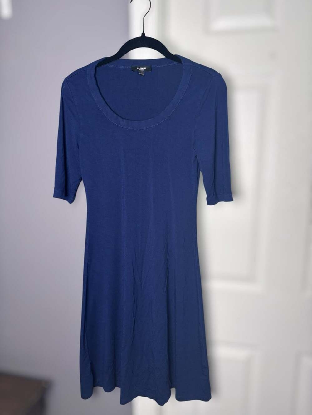 Premise Navy Blue Half Sleeve A Line Round Neck Dress XS